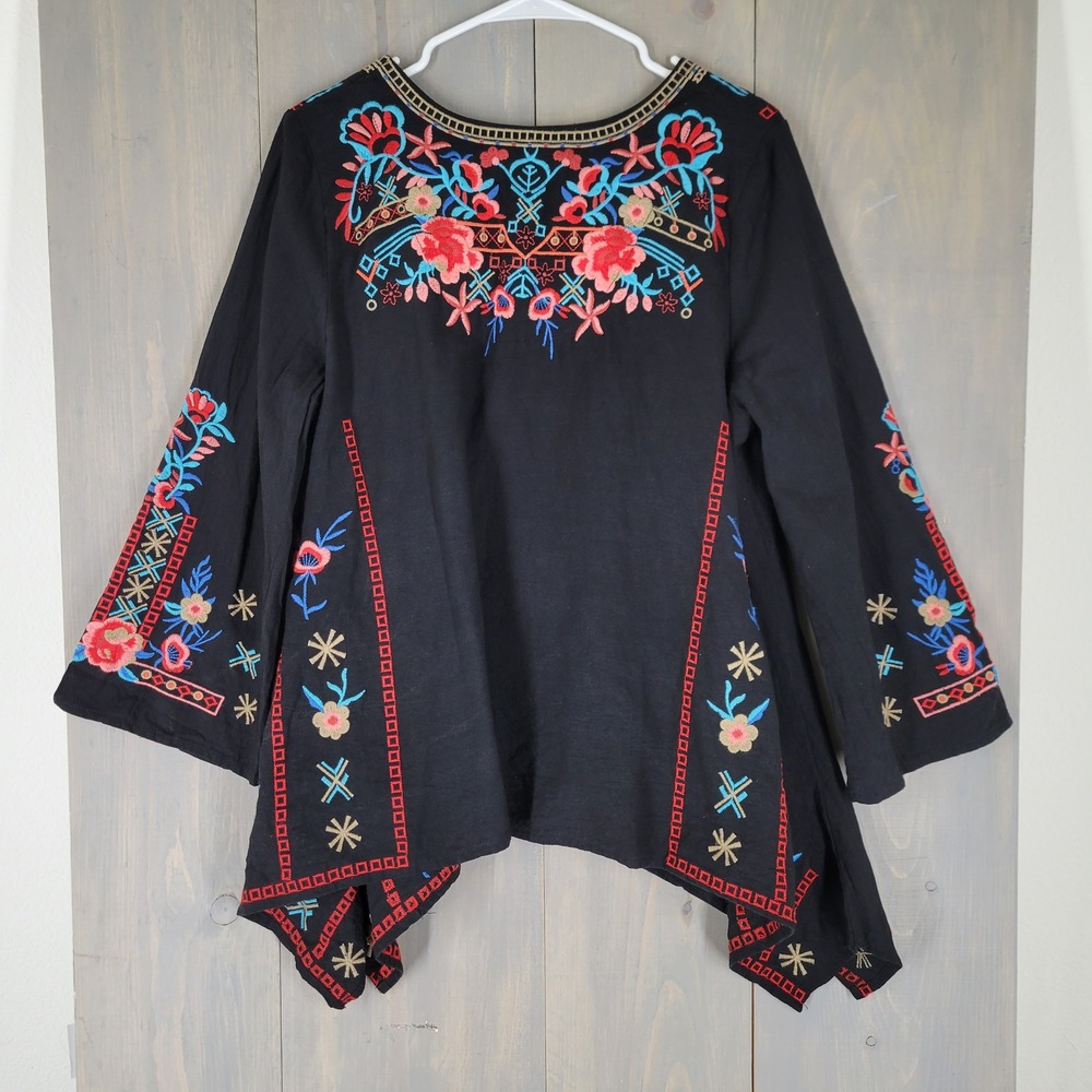 YZXDORWJ Embroidered Tunic Top Women S Black Red Artisan Boho Peasant - Picture 2 of 7